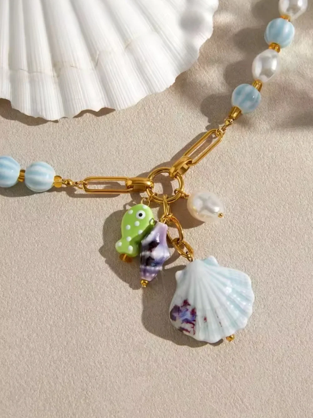 Seashell Blue Beads Gold Chain Beach Style Necklace